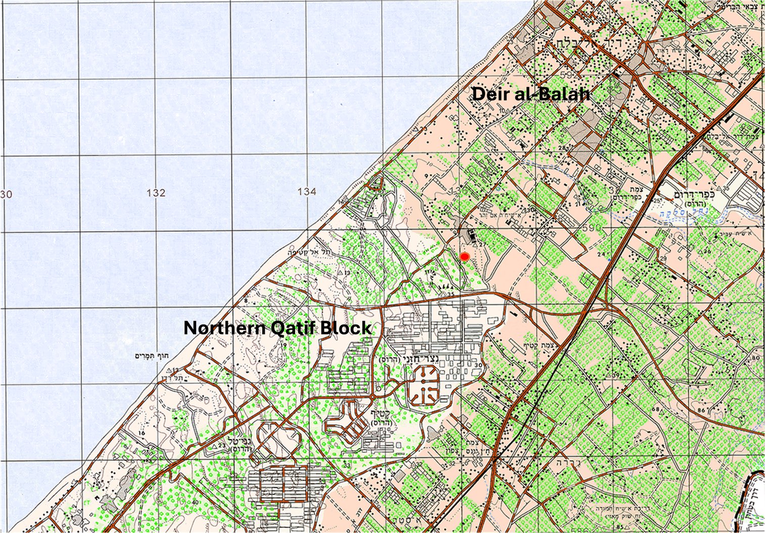 The Israeli Settlements upon the Sumayri dune and the Dier al-Balah farmland. The excavation site is at the overlap of the two.