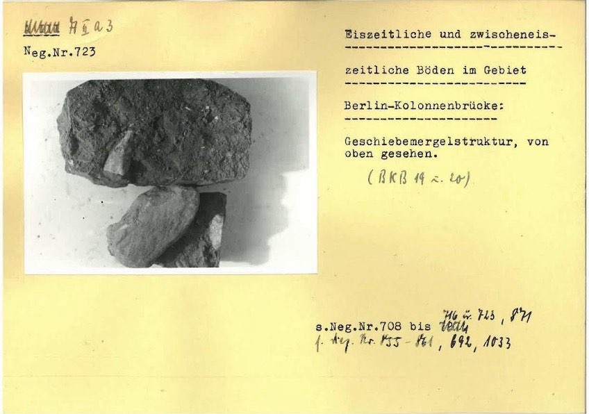 Photograph of a piece of glacial till collected by the German Society of Soil Mechanics in the context of Albert Speer’s Germania plans.