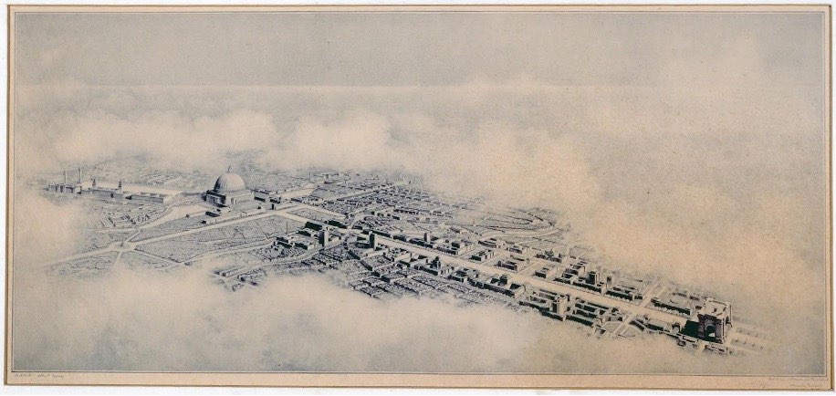Drawing of the North-South Axis in Berlin highlighting the section between the Great Hall and the Great Arch based upon Albert Speer’s Germania plans.