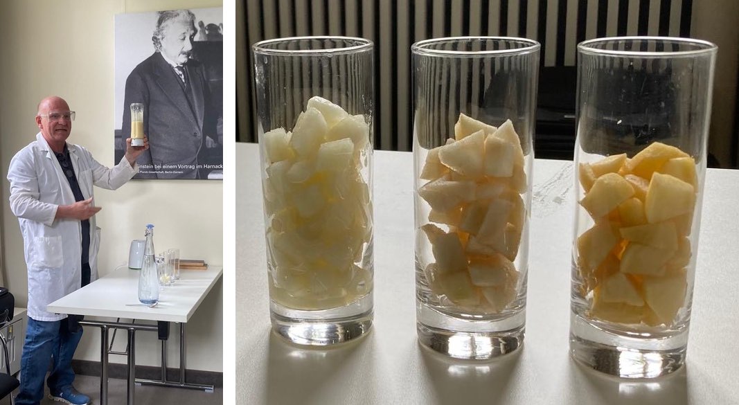 photos of three different fruits in glasses and a man in a white coat holding up a smoothie made from them