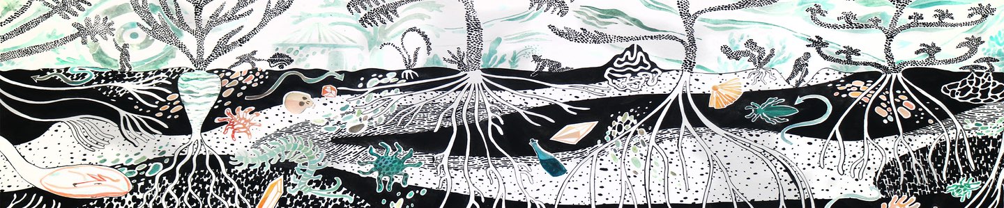 illustration depicting layers of soil with roots and human artifacts interpersed and people working the surface